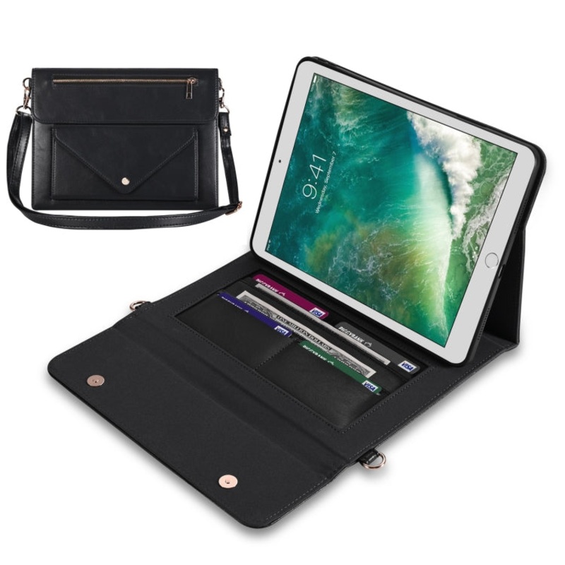 3-fold Zipper Leather Tablet Case Crossbody Pocket Bag For iPad 9.7 2018 & iPad 9.7 2017 & Air 2 & Air