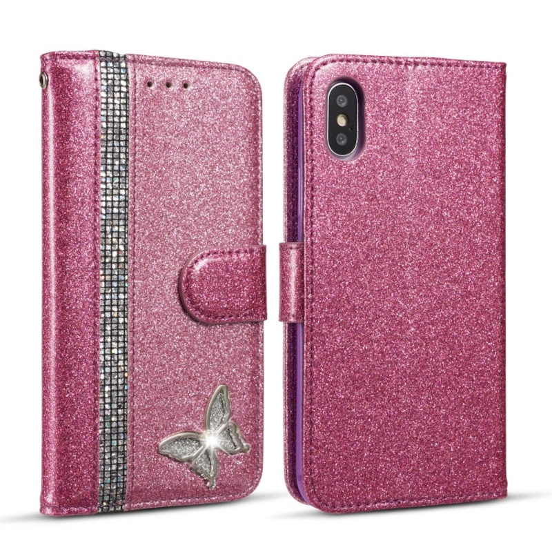 For iPhone X Glitter Powder Butterfly Leather Phone Case
