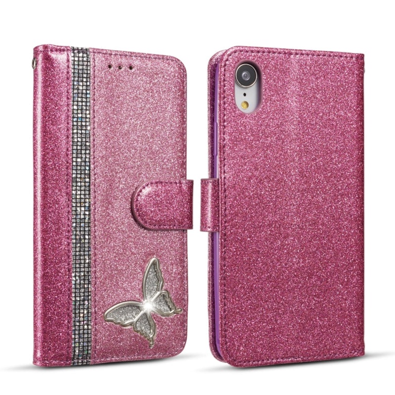 For iPhone XR Glitter Powder Butterfly Leather Phone Case
