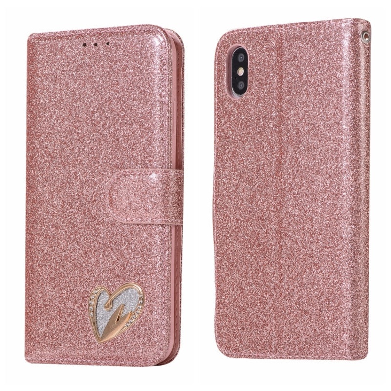 For iPhone XS Max Glitter Powder Love Leather Phone Case