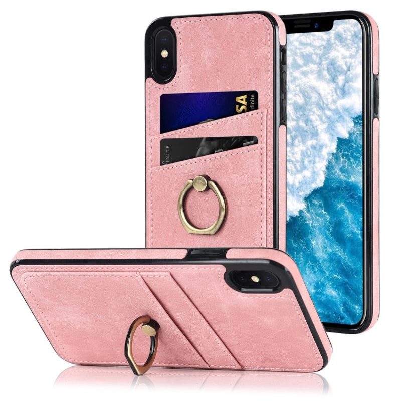 For iPhone XS Max Vintage Patch Leather Phone Case with Ring Holder