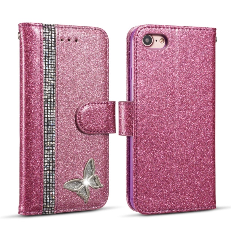 Glitter Powder Butterfly Leather Phone Case For iPhone 7/SE 2022/SE 2020/8