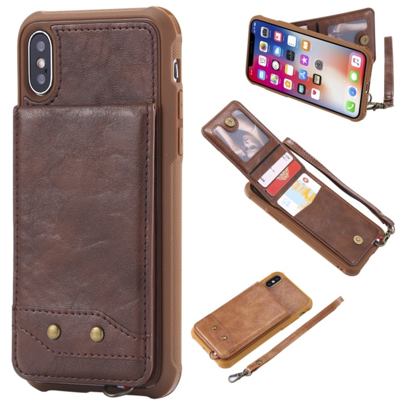 For iPhone X / XS Vertical Flip Shockproof Leather Protective Case with Short Rope, Support Card Slots & Bracket & Photo Holder & Wallet Function