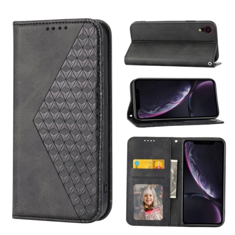 For iPhone XR Cubic Grid Calf Texture Magnetic Closure Leather Phone Case