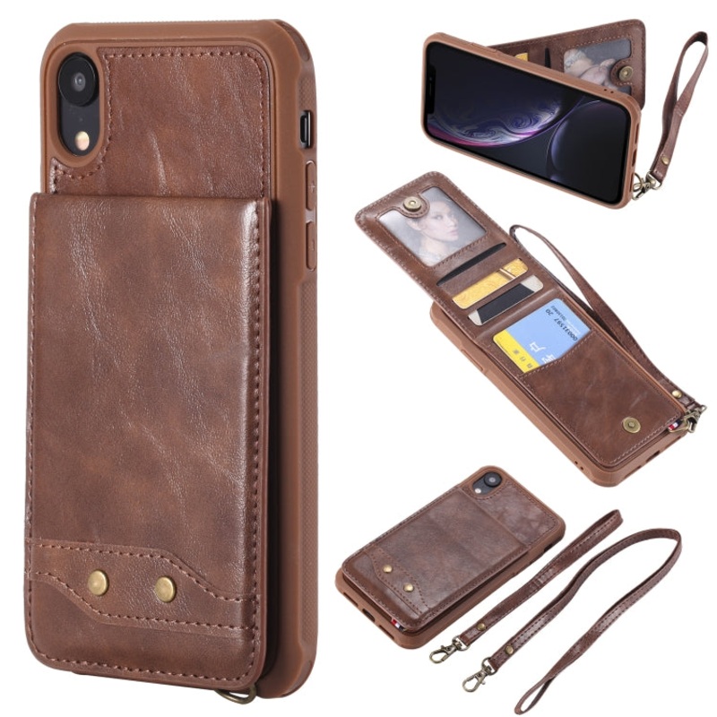 For iPhone XR Vertical Flip Shockproof Leather Protective Case with Long Rope, Support Card Slots & Bracket & Photo Holder & Wallet Function
