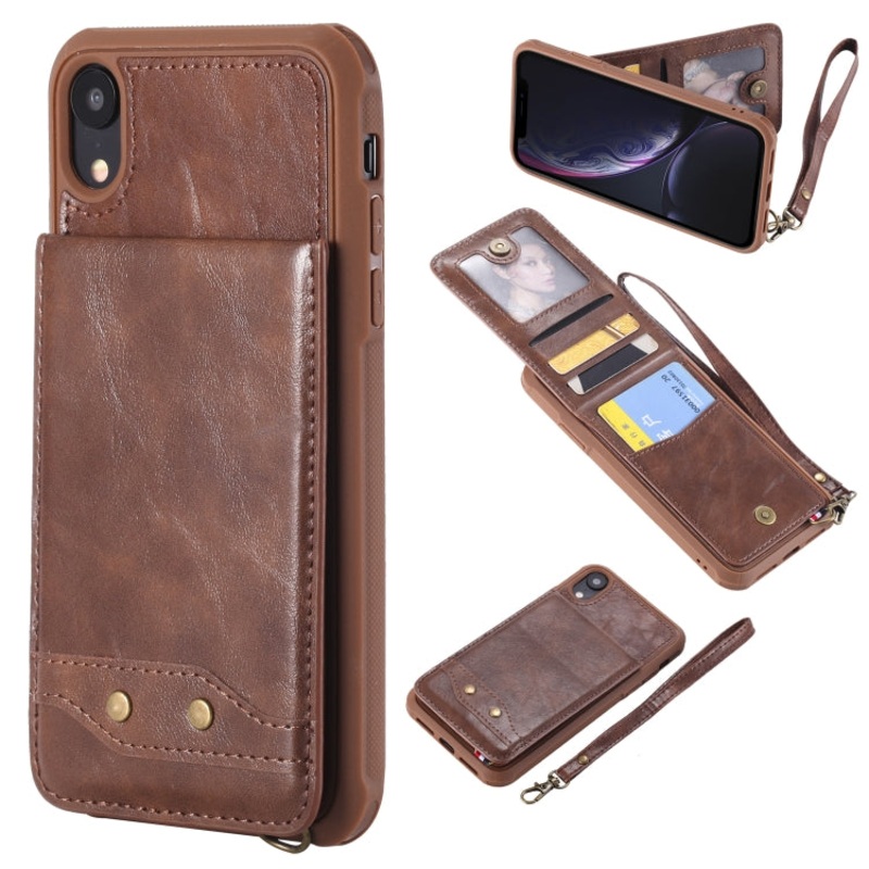 For iPhone XR Vertical Flip Shockproof Leather Protective Case with Short Rope, Support Card Slots & Bracket & Photo Holder & Wallet Function