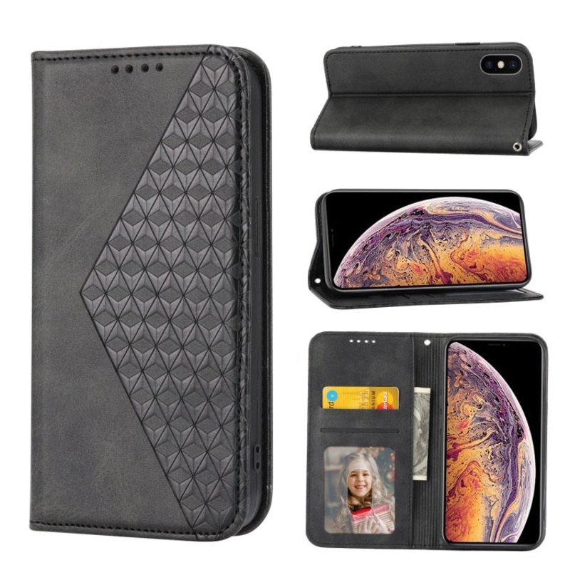 For iPhone XS Max Cubic Grid Calf Texture Magnetic Closure Leather Phone Case