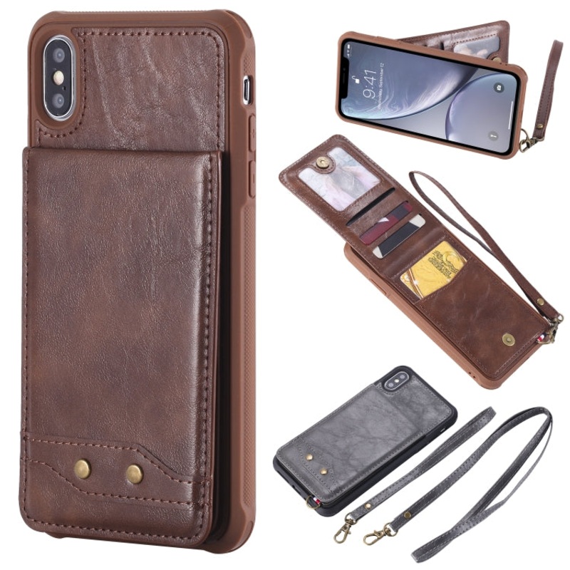 For iPhone XS Max Vertical Flip Shockproof Leather Protective Case with Long Rope, Support Card Slots & Bracket & Photo Holder & Wallet Function