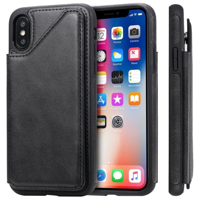 For iPhone X Shockproof Calf Texture Protective Case with Holder & Card Slots & Frame