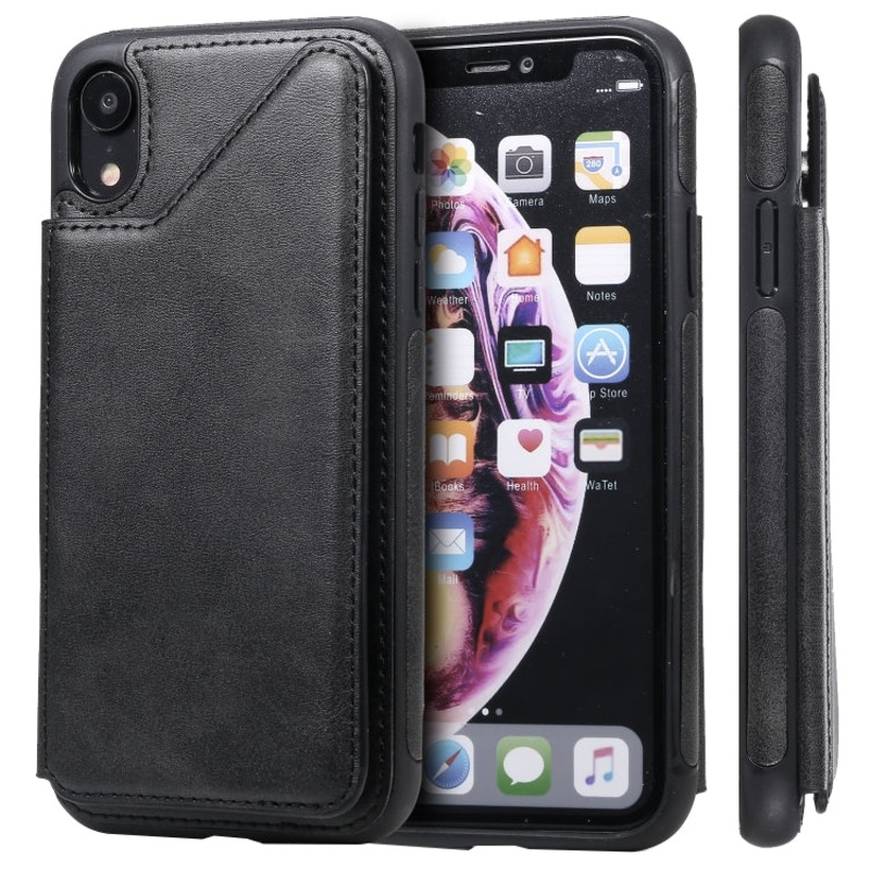 For iPhone XR Shockproof Calf Texture Protective Case with Holder & Card Slots & Frame