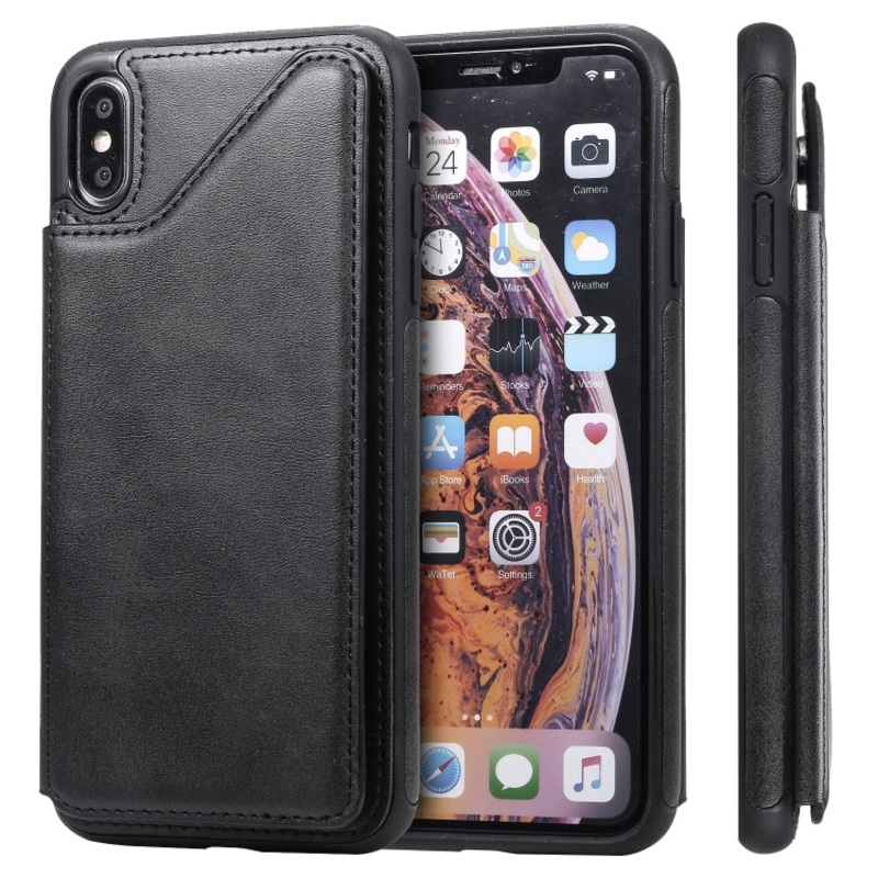For iPhone XS Max Shockproof Calf Texture Protective Case with Holder & Card Slots & Frame