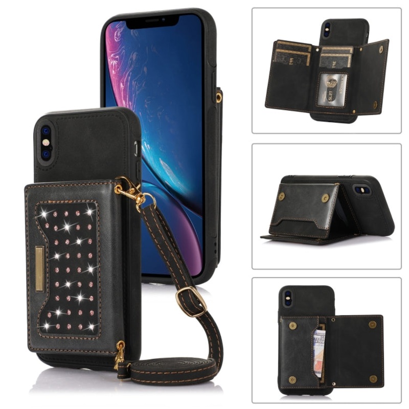 For iPhone XS Three-fold RFID Leather Phone Case with Lanyard