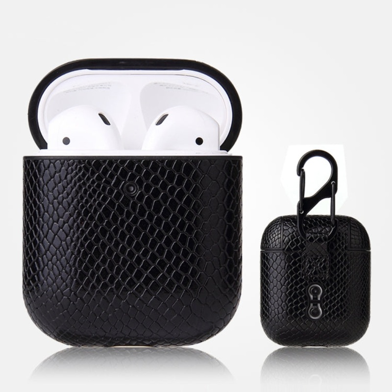 For AirPods 1 & 2 Anti-fall Snakeskin Texture PU Leather Protective Case with Carabiner