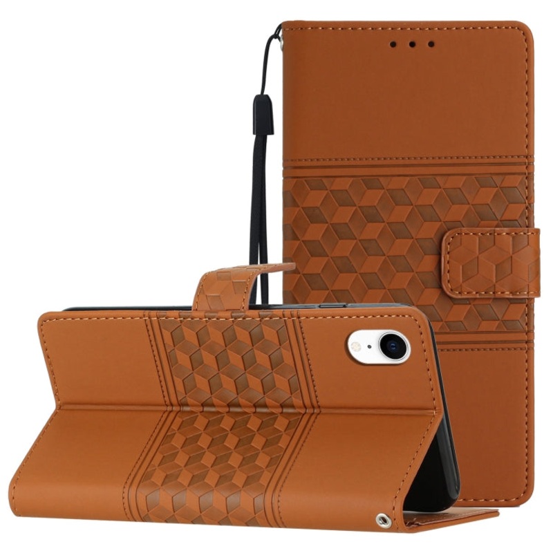 For iPhone XR Diamond Embossed Skin Feel Leather Phone Case with Lanyard