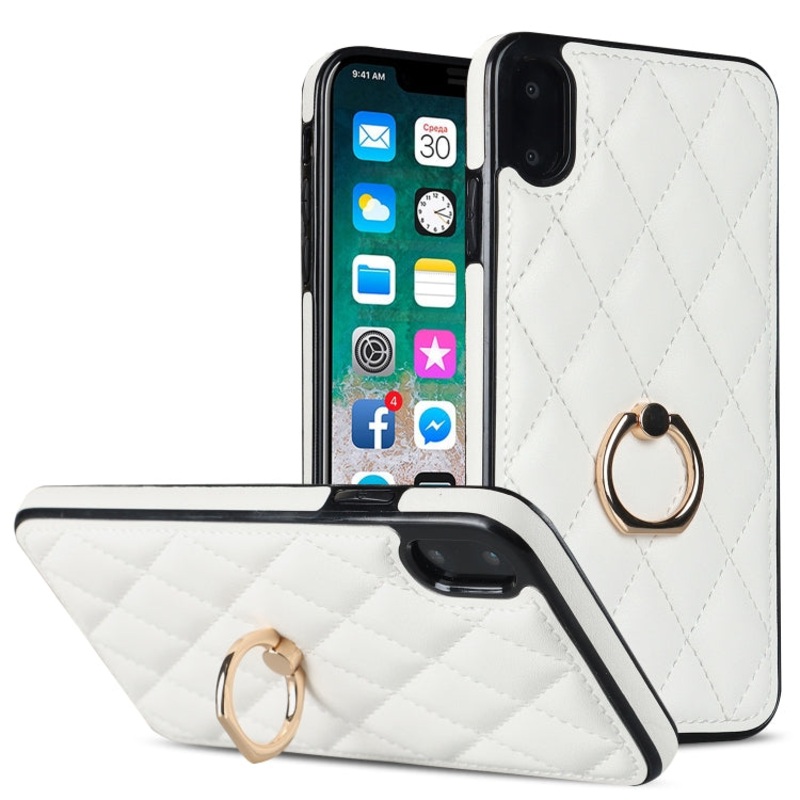 For iPhone X / XS Rhombic PU Leather Phone Case with Ring Holder