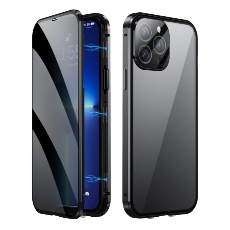 For iPhone 14 Pro Max Dual-Lock Anti-peeping Glass 360 Full Body Frosted Magnetic Phone Case