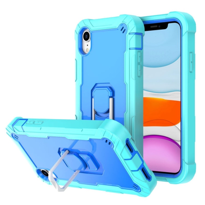 For iPhone XR PC + Rubber 3-layers Shockproof Protective Case with Rotating Holder