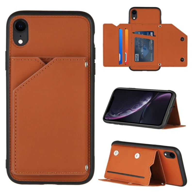 For iPhone XR Skin Feel PU + TPU + PC Back Cover Shockproof Case with Card Slots & Holder & Photo Frame