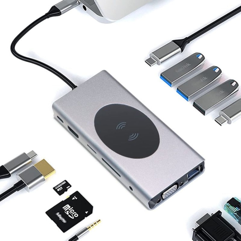 13 in 1 100W PD USB C Hub Multiport Adapter with Wireless Charger
