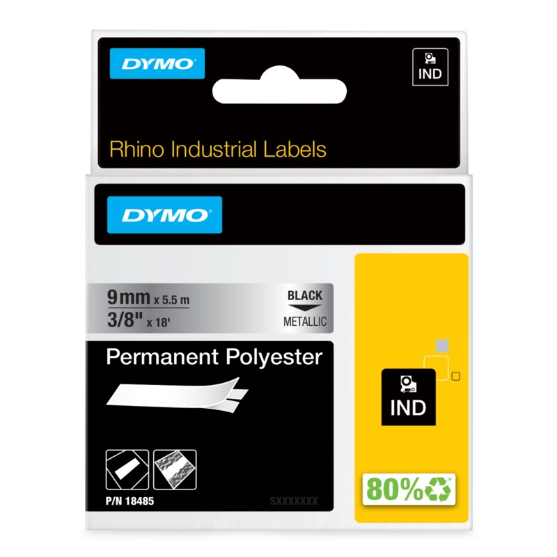 DYMO 18485 Rhino 9mm Black on Metallic Tape