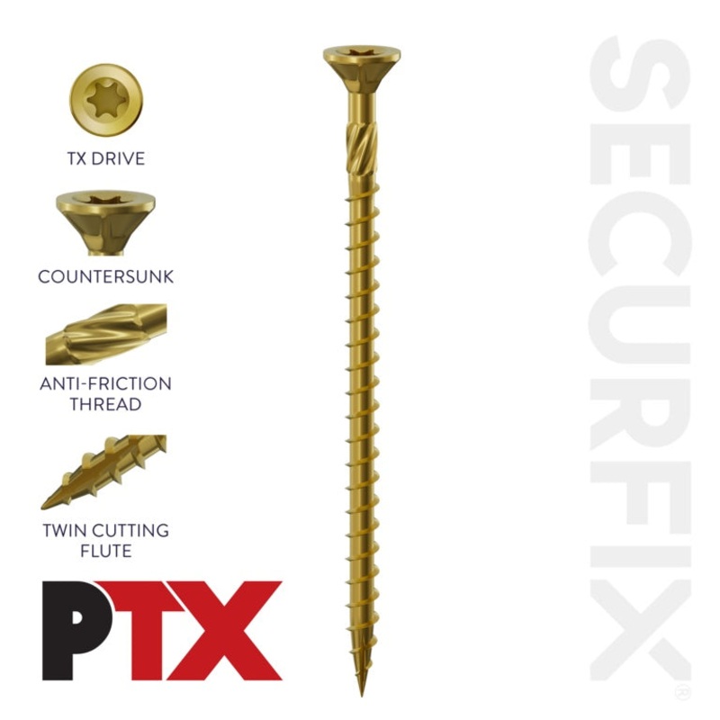 Securfix PTX|Size: 10 x 1 1/2 (5.0 x 40mm) | Pack of 200 Screws|Size: 10 x 2 3/4 (5.0 x 70mm) | Pack of 100 Screws|Size: 10 x 2 (5.0 x 50mm) | Pack of 200 Screws|Size: 10 x 2 (5.0 x 60mm) | Pack of 200 Screws|Size: 10 x 3 1/2 (5.0 x 90mm) | Pack of 100 Sc