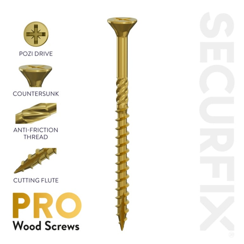 Securfix Pro Wood Screws|Size: 10 x 2 1/2 (5.0mm x 70mm) | Pack of 500 Screws|Size: 10 x 2 (5.0mm x 50mm) | Pack of 725 Screws|Size: 10 x 3 1/8 (5.0mm x 80mm) | Pack of 425 Screws|Size: 10 x 4 (5.0mm x 100mm) | Pack of 320 Screws|Size: 8 x 1 (4.0mm x 25mm