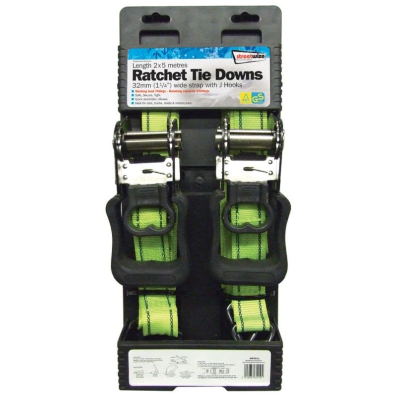 Streetwize Ratchet Tie Downs|2 x 32mm x 5m|2 x 25mm x 3.5m