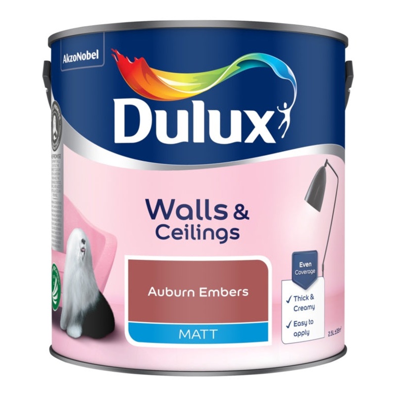 Dulux Matt 2.5L|Auburn Embers|Blush Pink|Boho Blush|Bright Skies|California Days|Chic Shadow|Coastal Grey|Copper Blush|Denim Drift|Dusted Fondant|Egyptian Cotton|Emerald Glade|Fine Cream|First Dawn|Fresh Artichoke|Gentle Fawn|Goose Down|Indigo Shade|Ivory