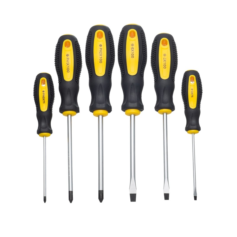 Compare hpmaison yellow-black 6pcs screwdriver set – durable chrome vanadium steel with magnetic tips – includes 3 flat-head (3x75mm/5x100mm/6x100mm) and 3 phillips-head (ph0x75mm/ph1x100mm/ph2x100mm) size 6 products from over 25,000 stores