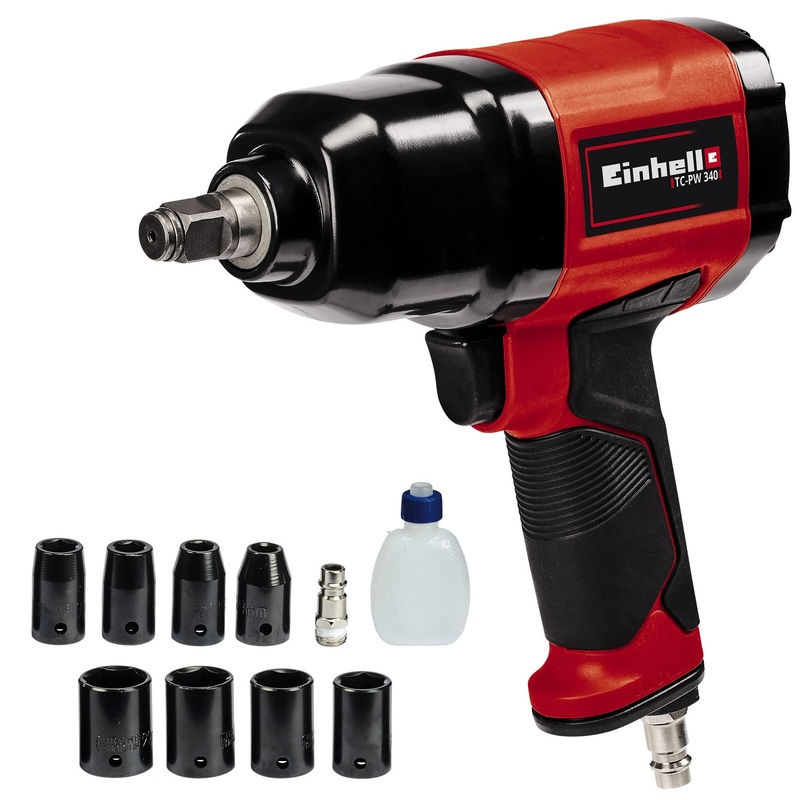 Compare einhell tc-pw 340 compressed air impact wrench (max. torque 340 nm, clockwise/clockwise rotation, rubberised handle, includes 8 sockets, oil bottle (empty), plug nipple) products from over 25,000 stores