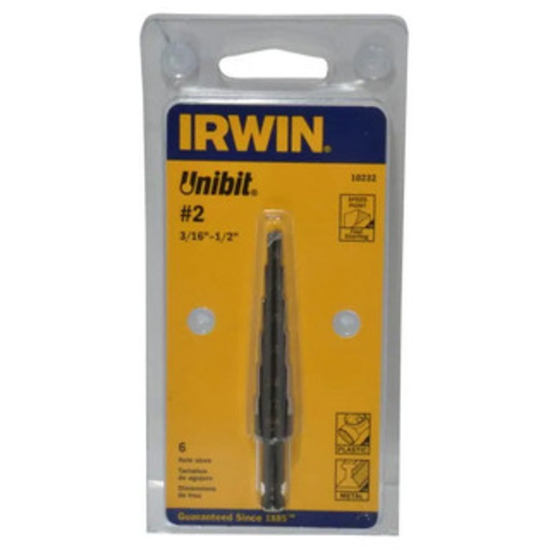 IRWIN Unibit Self-Starting Step Drill #10232, Cobalt, 6 Hole Sizes, 3/16 to 1/2 Hole Dia. – 54-324-9