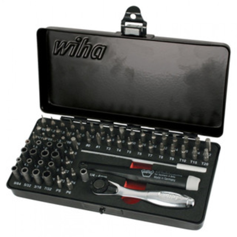 Wiha Master Tech 65 Piece Set, ESD Handle, Mini Ratchet & MicroBits in Metal Storage Box – 75965