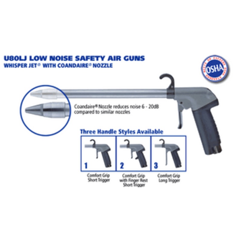 Guardair U80LJ Low Noise Safety Air Gun Whisper Jet with Coandaire Nozzle, 6 Extension, Short Trigger Style 2 – U80LJ006AA2