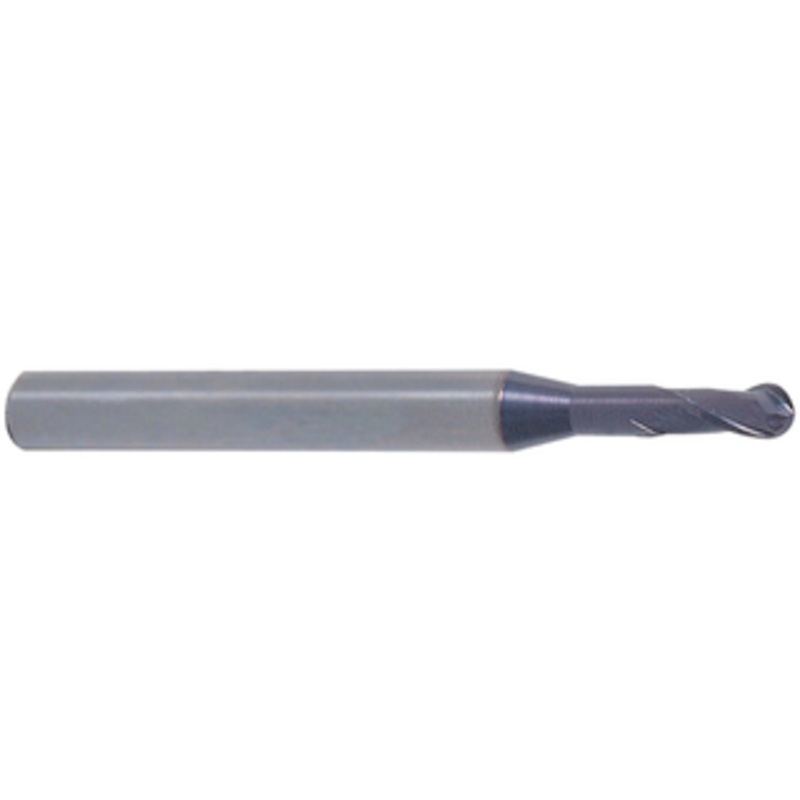T&O 2 Flute SUPERCEED Carbide Long Neck X-FACTOR Coated Miniature Deep Pocketing Ball Single End Mill, 1/16 Size, 1/8 Shank Diameter, 3/32 Flute Length, 9/32 Effective Length