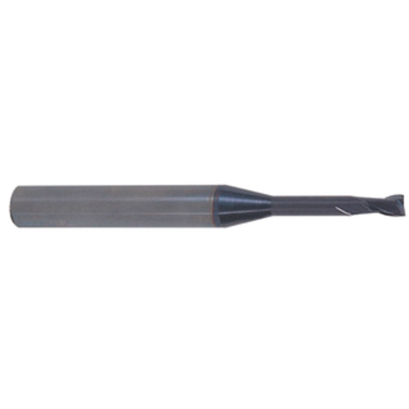 T&O 2 Flute Long Neck X-FACTOR Coated Miniature Deep Pocketing Single End Mill, 3/64 Size, 1/8 Shank Dia., 1/16 Flute Length, .045 Neck Dia., 15/32 Reach