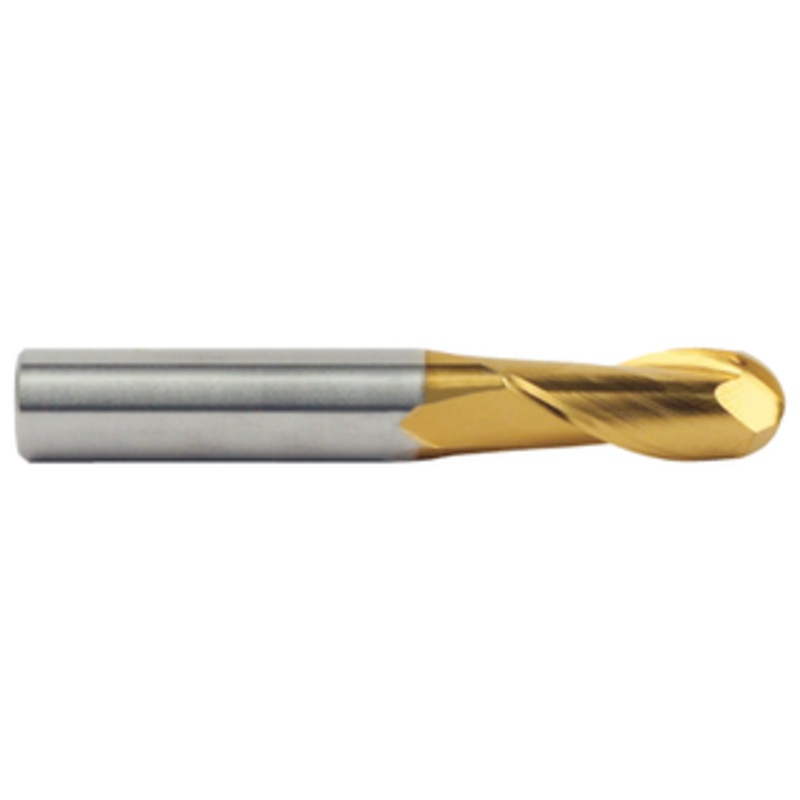 M.A. Ford 2 Flute Micrograin Solid Carbide TiN Coated Ball Nose Single End Mill, 1/4 Size & Shank Diameter, 3/4 Length of Cut, 2-1/2 Overall Length