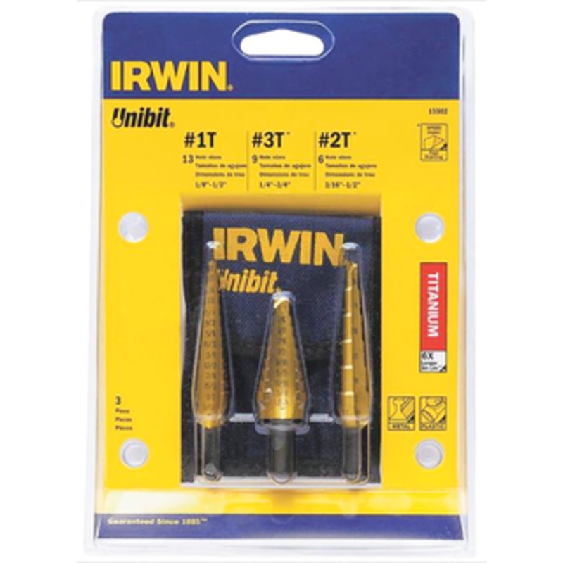Irwin UNIBIT HSS 3 Piece TiN Coated Step Drill Set, Range 1/8to 1/2by 1/32nds,3/16to 1/2 & 1/4 to 3/4 by 1/16ths