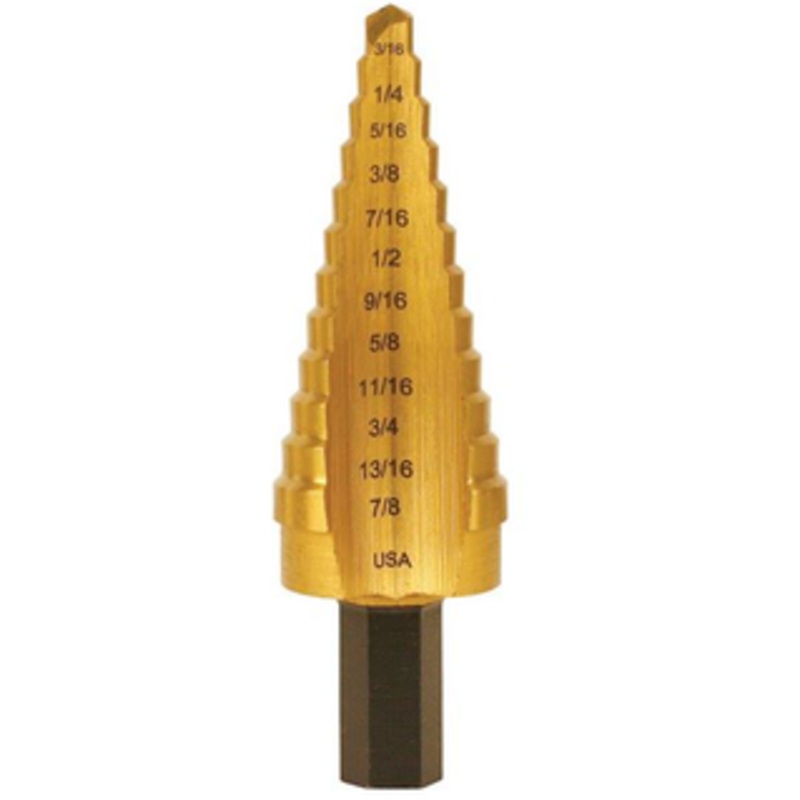 Irwin UNIBIT HSS TiN Coated Inch Self-Starting 6 Hole Step Drill, Size 3/16 to 1/2 by 1/16ths
