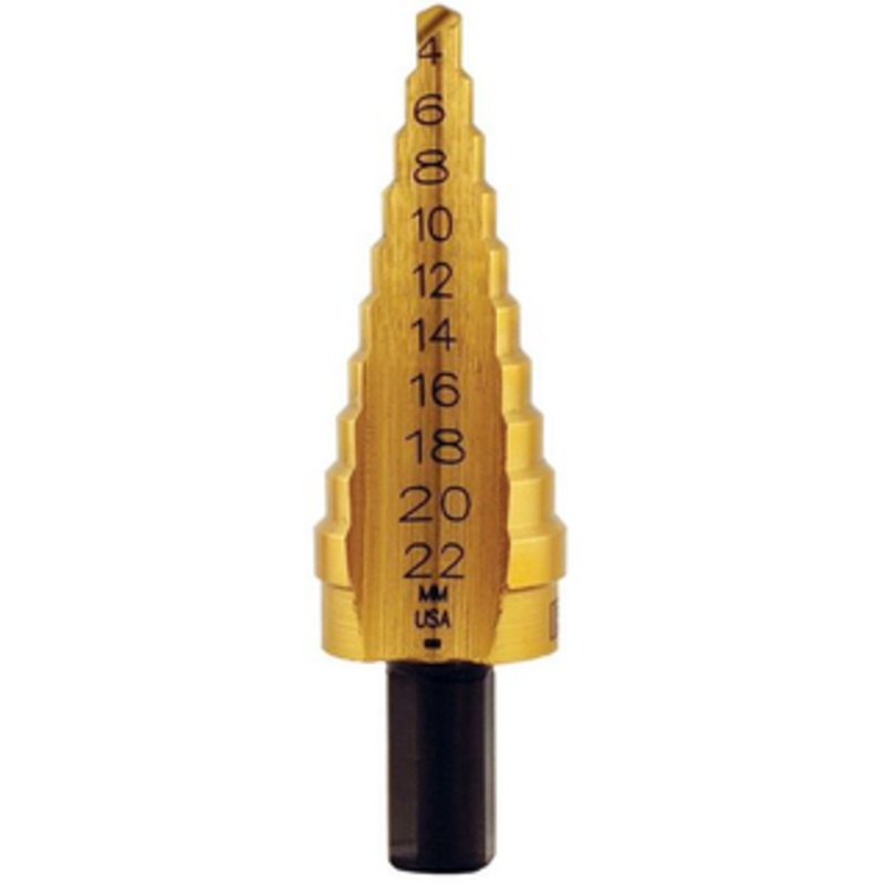 Irwin UNIBIT HSS TiN Coated Metric Self-Starting 10 Hole Step Drill, Size 4mm to 22mm by 2mm